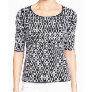 Classiques Entier women's L large short sleeve stretch knit navy geo print top
